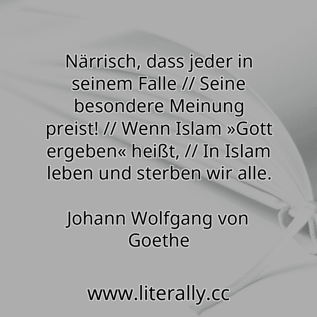 Närrisch, dass jeder in seinem Falle // Seine besondere Meinung preist! // Wenn Islam »Gott ergeben« heißt, // In Islam leben und sterben wir alle.
Johann Wolfgang von Goethe
